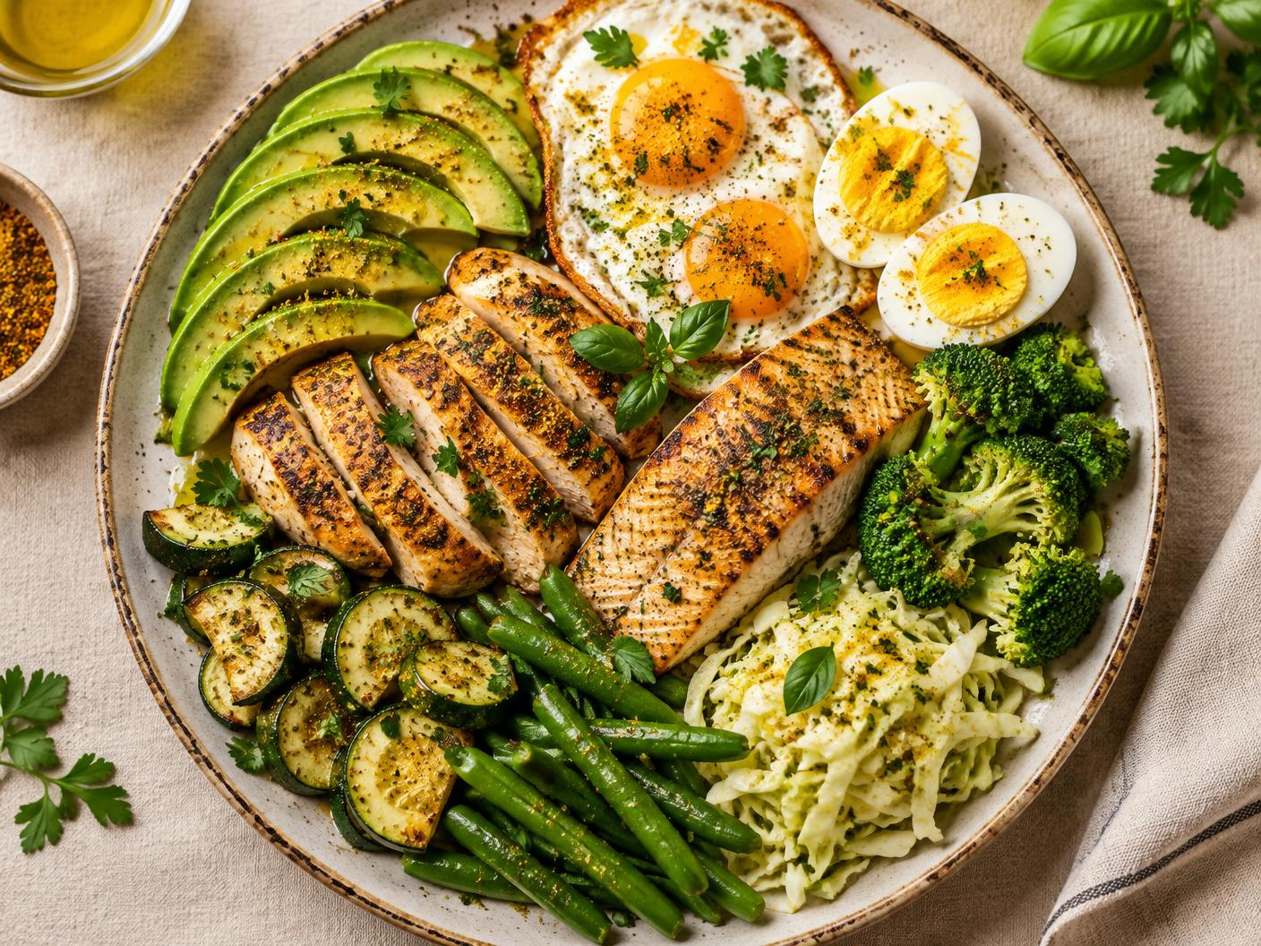 Assiette Keto / Low Carb équilibrée : avocat, œufs, poulet grillé, poisson, brocoli et légumes verts